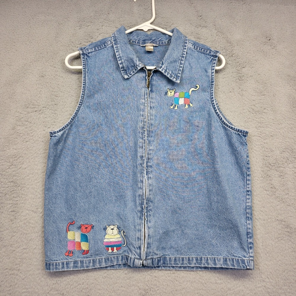 Christopher Banks Top Womens M Blue Denim Cat Lady Medium Wash‎ Embroidered